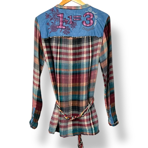 DESIGUAL Blus Sully 100% Cotton Tunic Top Roll Tab Long Sleeve w/ Waist Tie XL - Picture 3 of 12